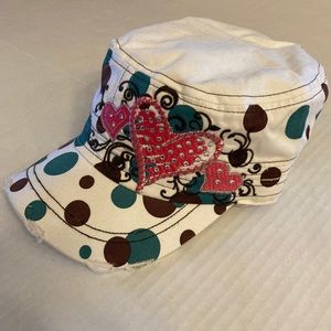 Cute Flat top military style hat with hearts & rhinestones